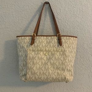 😊 Michael Kors signature logo brown and cream color large tote shoulder bag